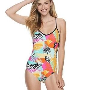 ZX Sport Colorful Tropical Printed Crisscross V Neck One-Piece Swimsuit XL NWT